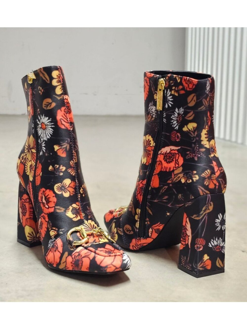 Floral Block Heel Ankle Boots With Gold Buckle Detail & Side Zipper Closure
